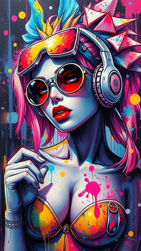 Vibrant Pinup Goddess in Neon Futuristic Street Art
