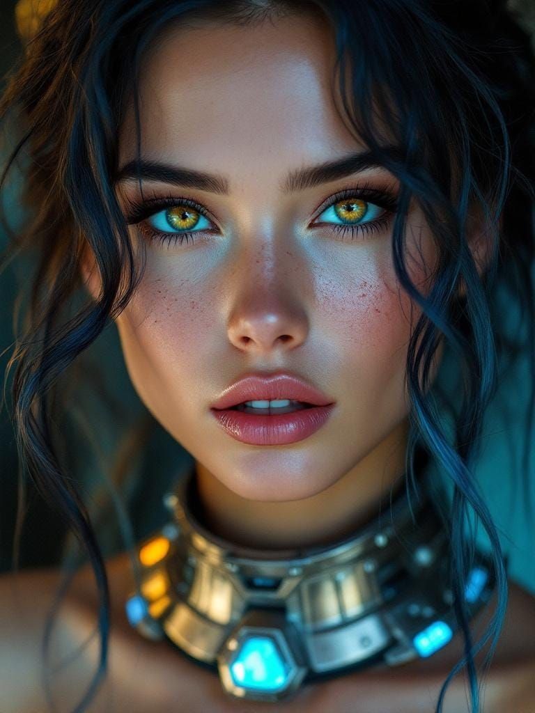 Cyberpunk Woman Portrait with Amber Eyes