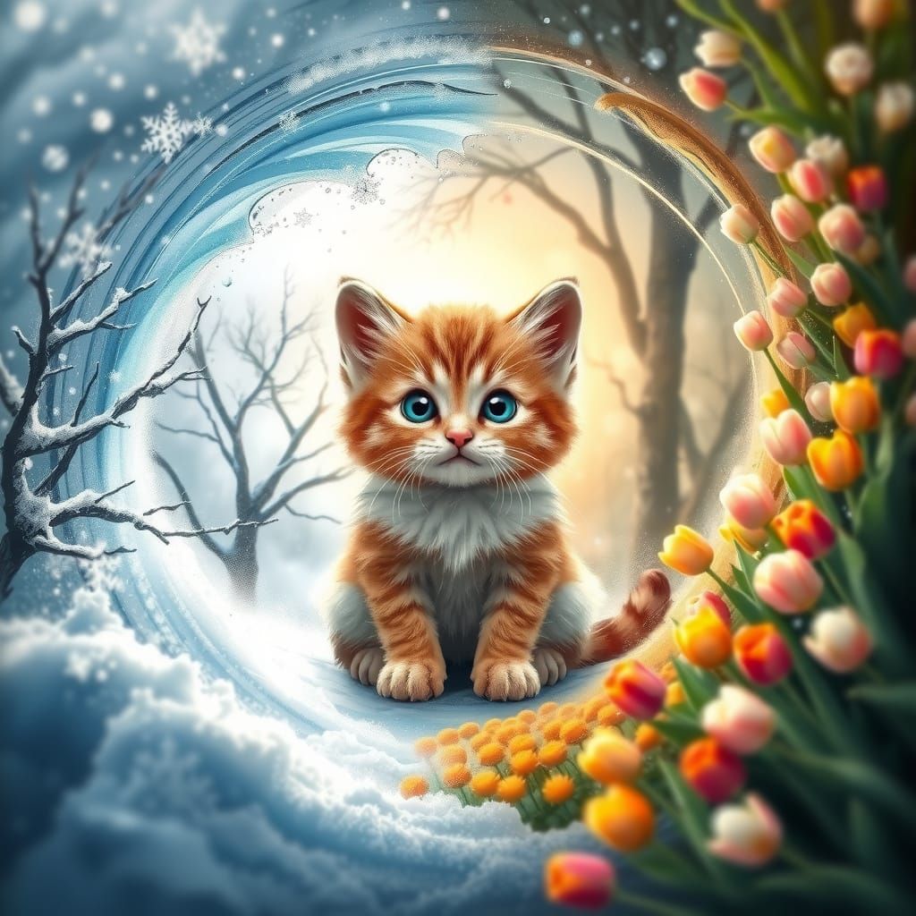Whimsical Seasons' Nexus: Kitten Surrounded by Merging World...