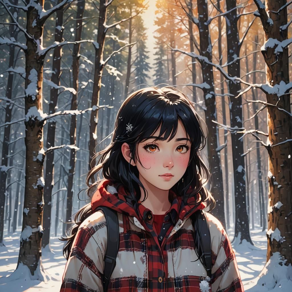 Anime Girl Portrait in Snowy Forest, Cel-Shaded Style