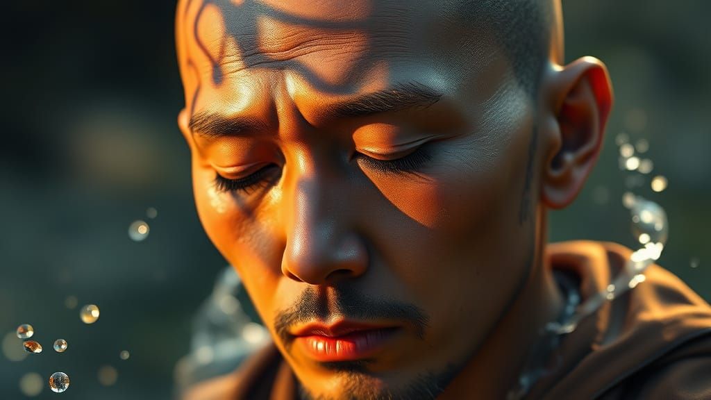 Monk's Serene Face in Morning Light: 3D Render