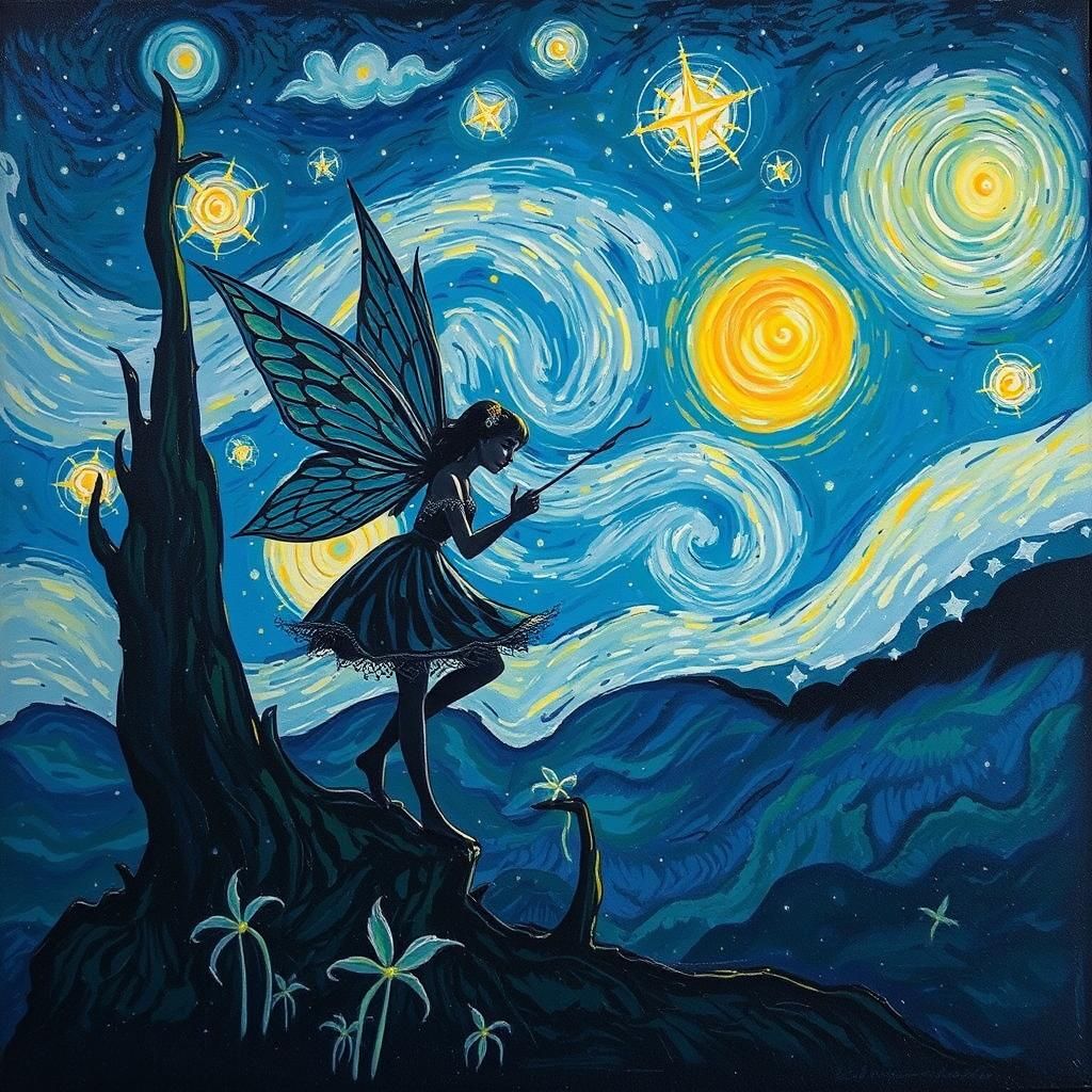 Fairy in Starry Night Sky, Post-Impressionist Style