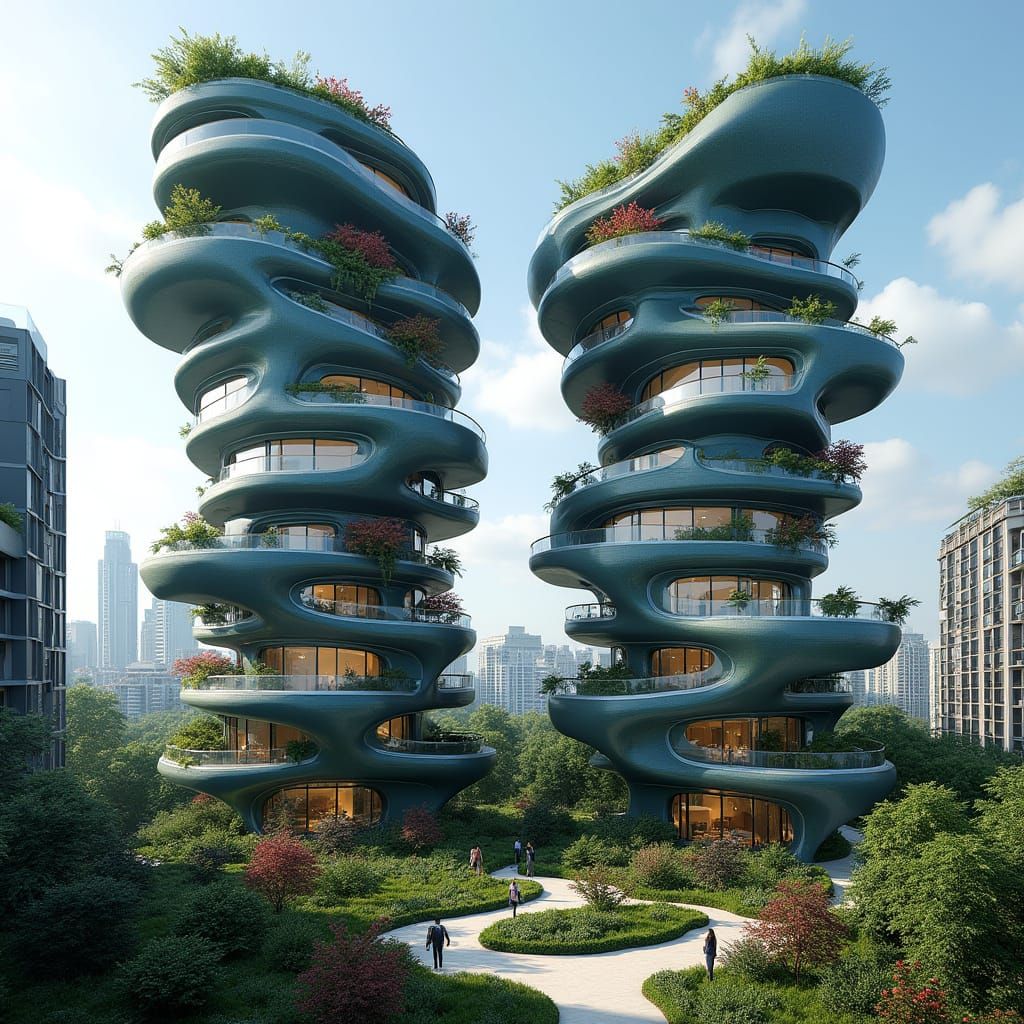 Futuristic Twin Towers: Organic Bionic Cityscape
