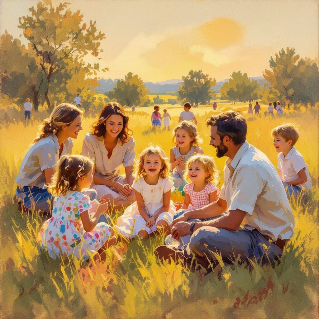 Joyful Families on Church Field Trip in Golden Hour Light