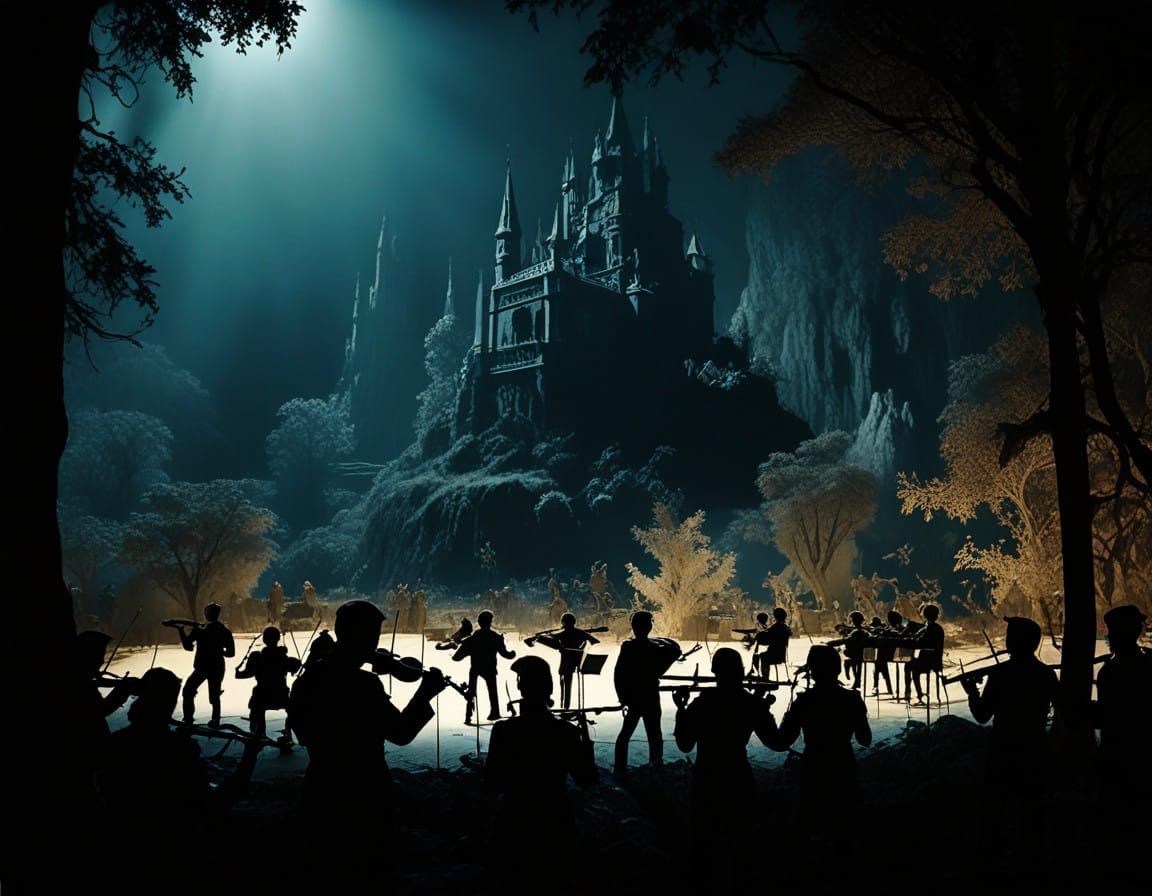 Epic Cinematic Film Still of an Orchestra in Stunning Dramat...