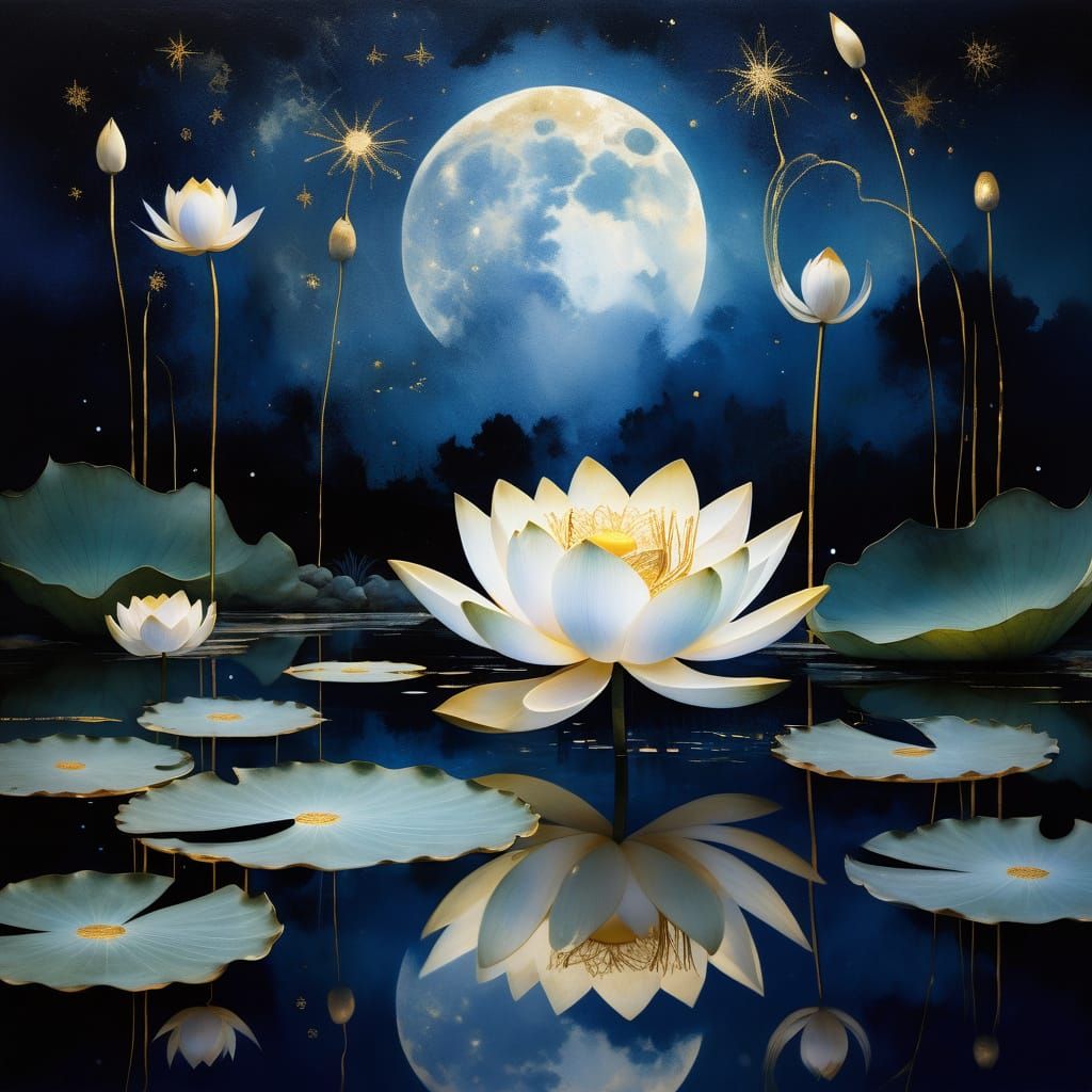 Kintsugi Lotus Flower Reflecting Night Sky
