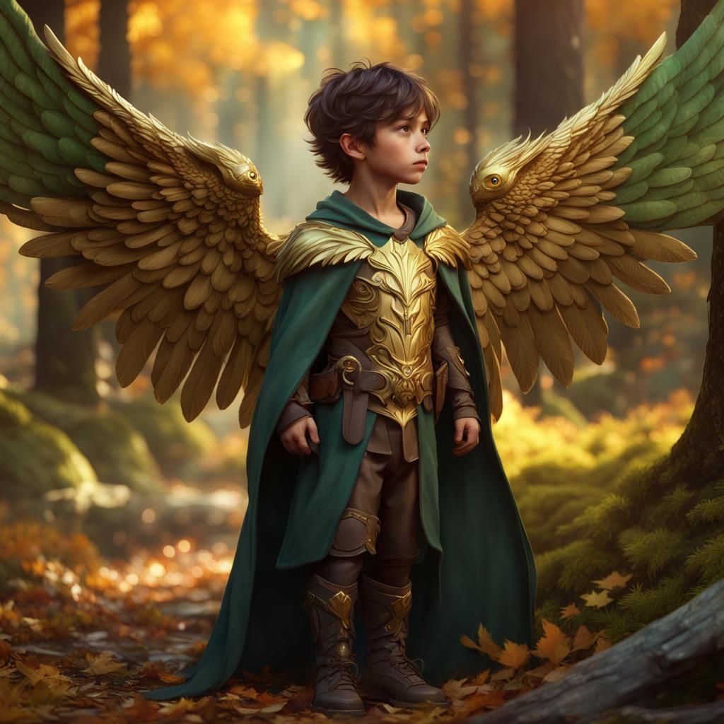 Boy with Bird Wings in Nature Armor