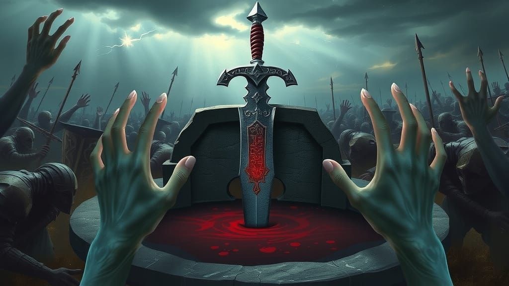 Cursed Blade on Desolate Battlefield with Ghostly Hands