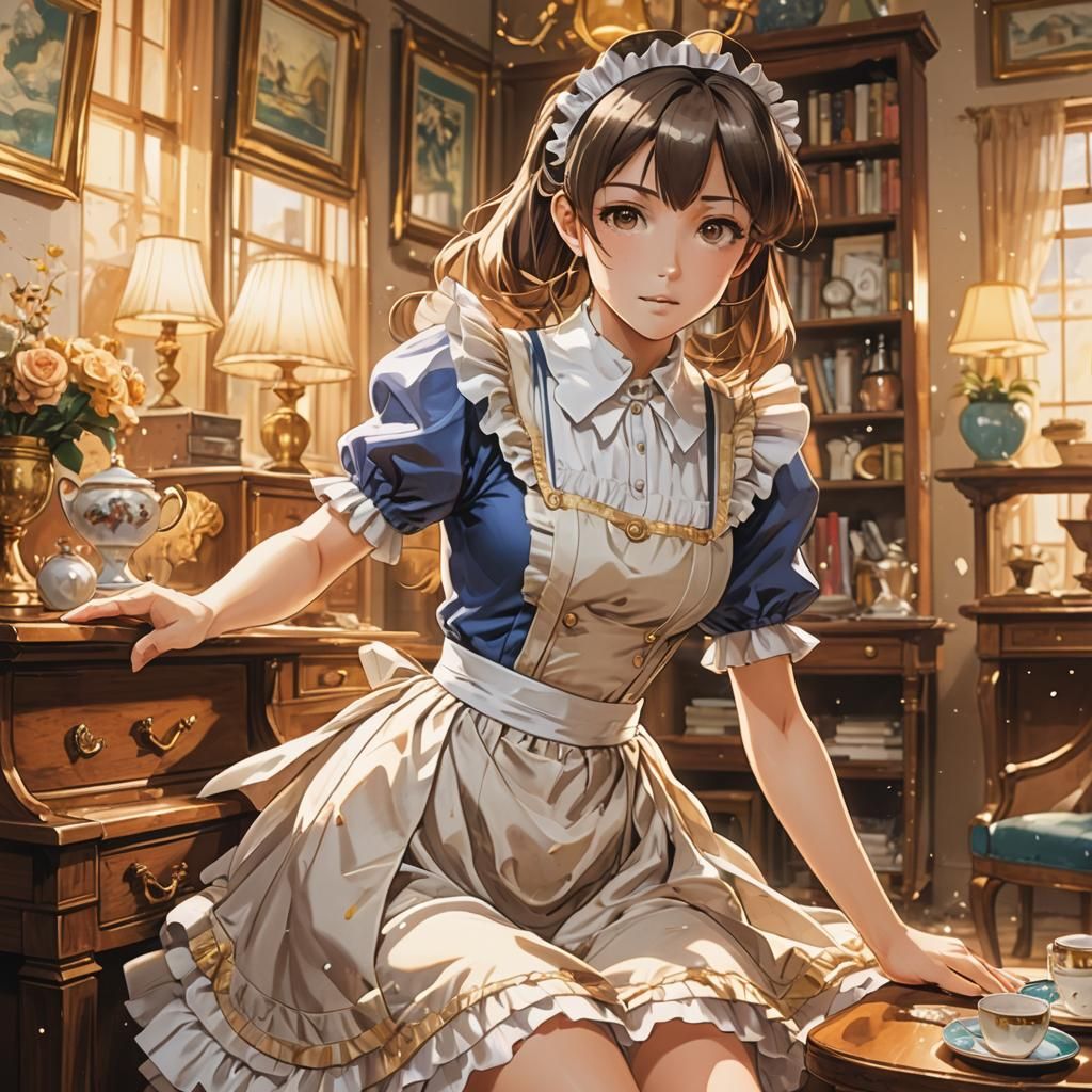 Moe Maid Dusting Furniture in Anime Style