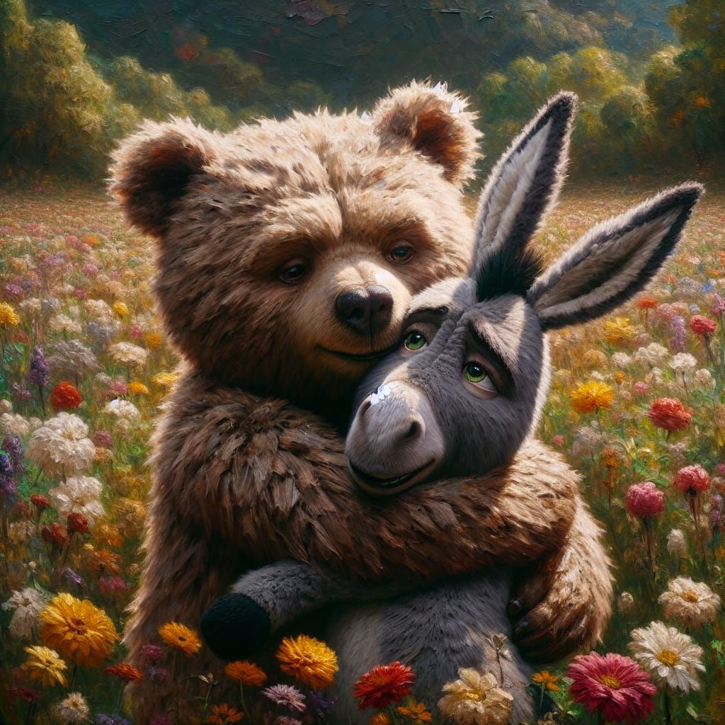 Bear Hugging Donkey Plushie in Floral Field