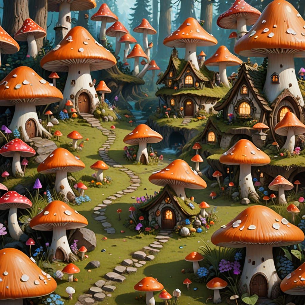 Enchanted Whimsy Village Amidst Fungal Architecture