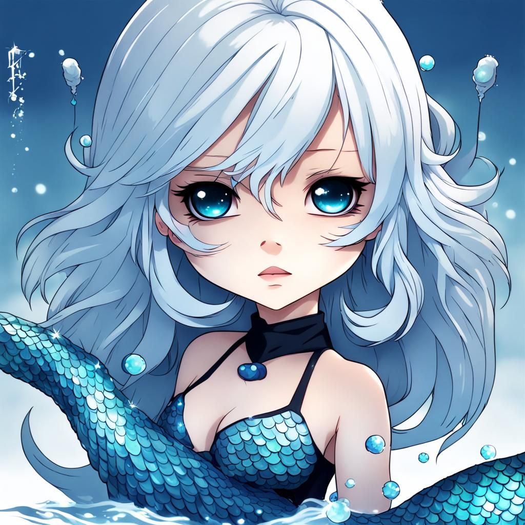 Chibi Mermaid with Metallic Blue Scales in Anime Style