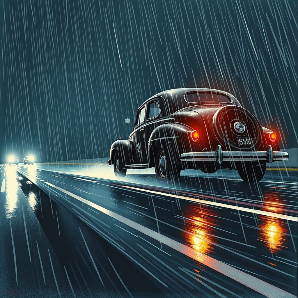 Old Car Driving in Heavy Rain at Night