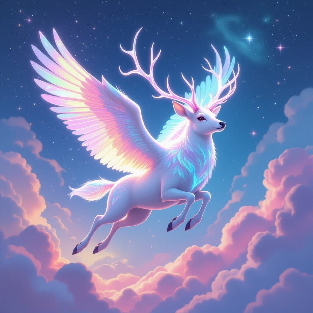 Winged Deer Soaring Through Pastel Nebula