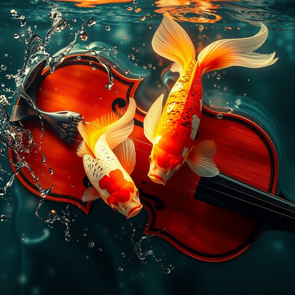 Ethereal Koi Fish in Vibrant, Surreal Violin Scene