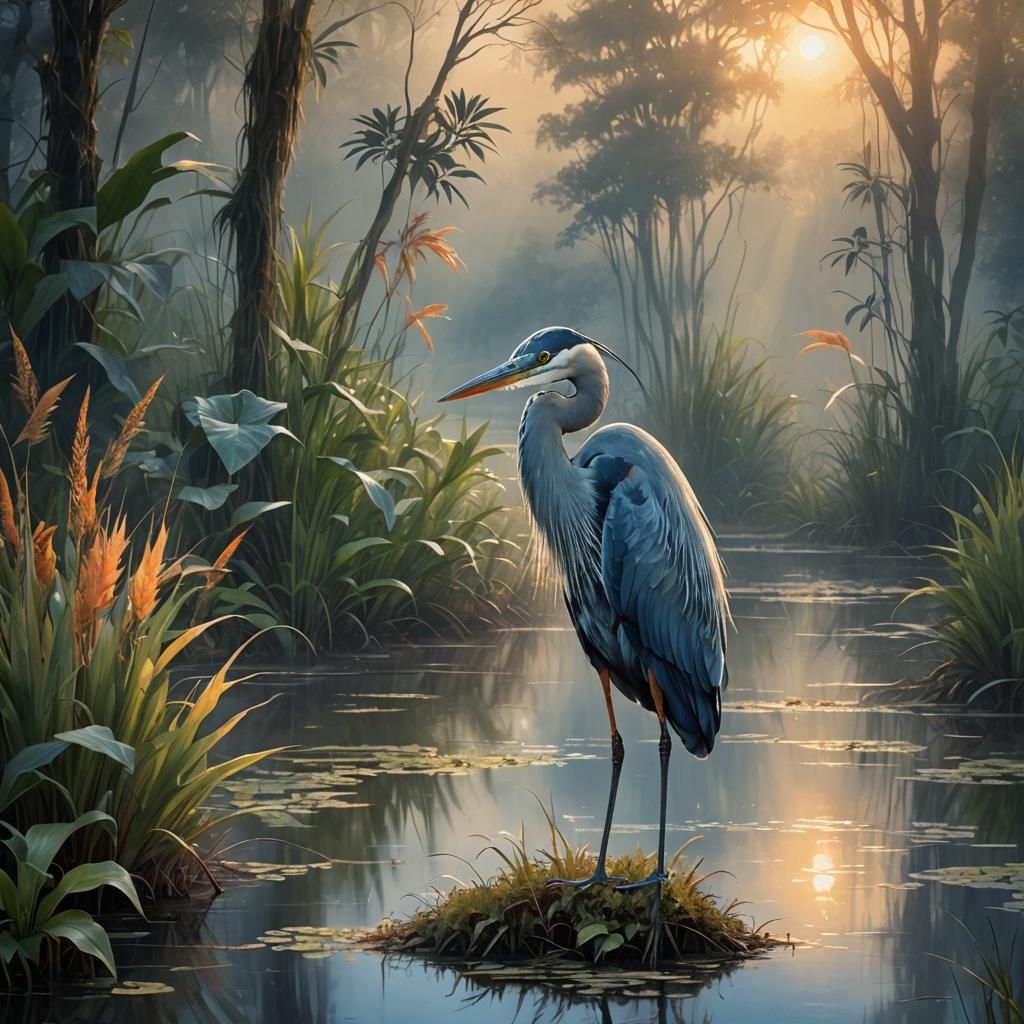 Majestic Heron in Misty Wetland, Watercolor Art