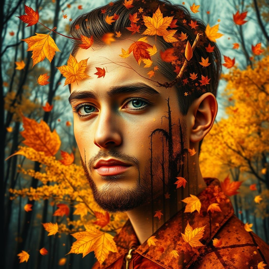 Vibrant Autumn Collage Portrait in Hyperdetailed Style