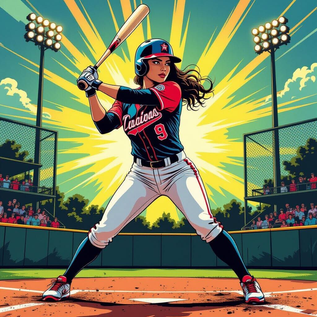 Woman Swings Bat with Hyperrealistic Comic Art Style