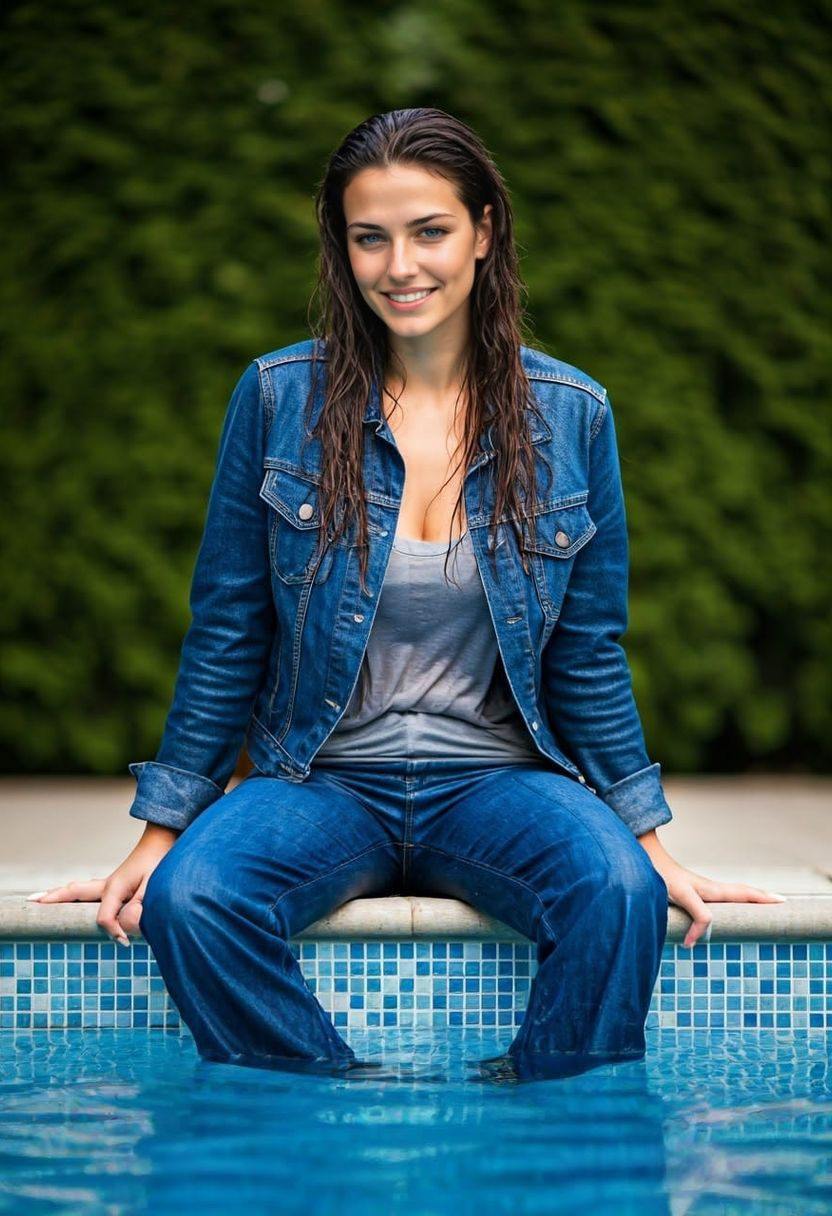 Sultry Brunette Sits on Pool Edge, Drenched in Wet Jeans and...