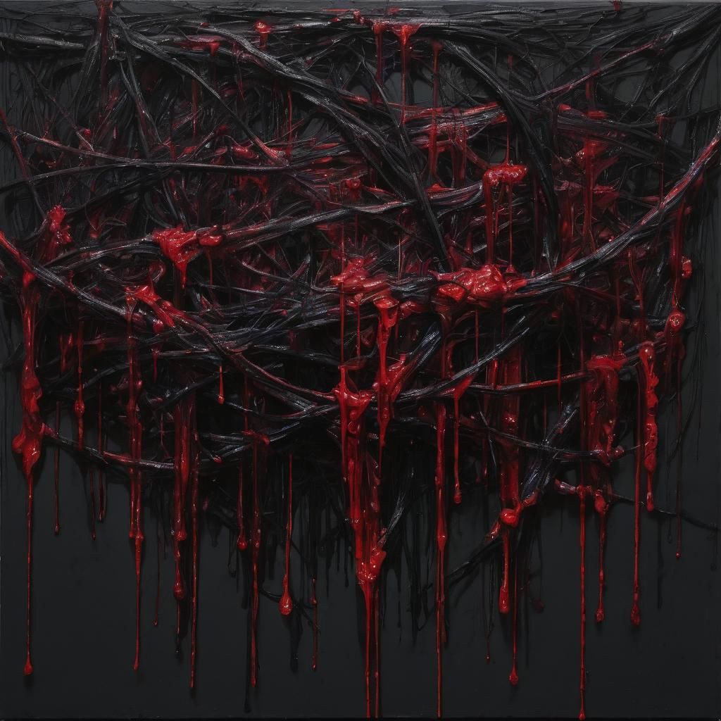 Abstract Dark Red Fibers on Black Canvas