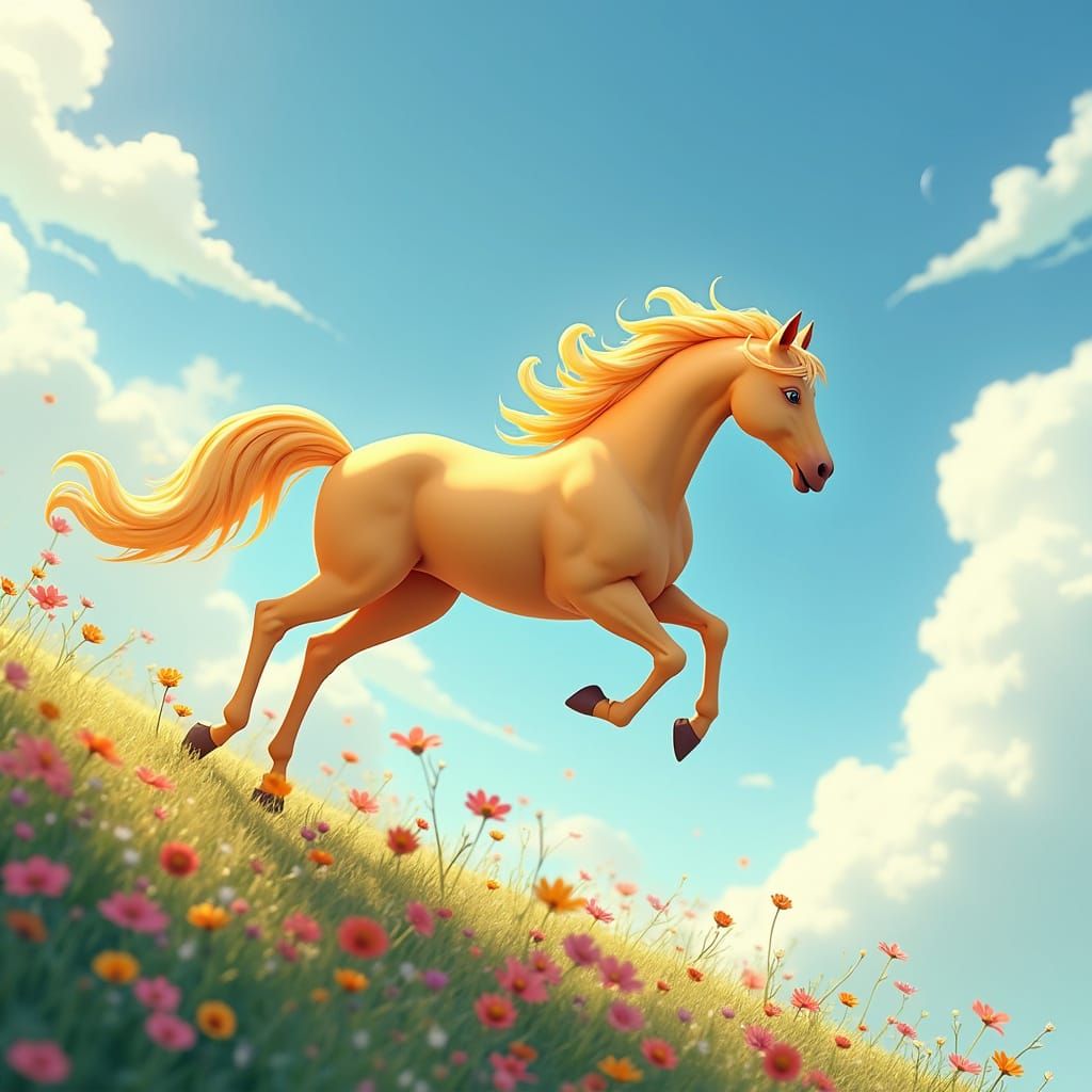 Golden Horse Descends into Anime Landscape