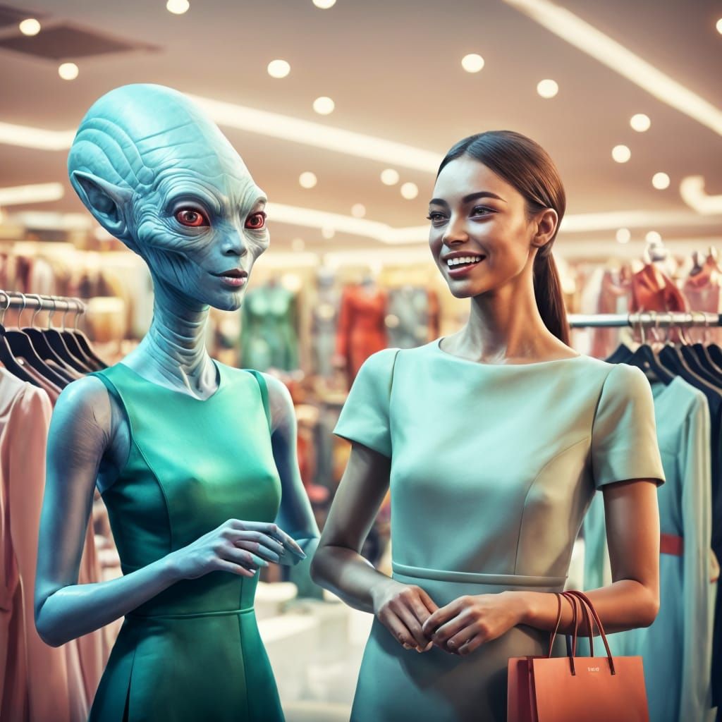Alien and Woman Shopping for Dresses: CG Render