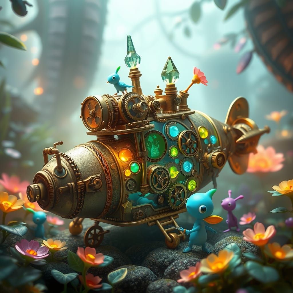 Whimsical Steampunk Airship in an Alien Garden
