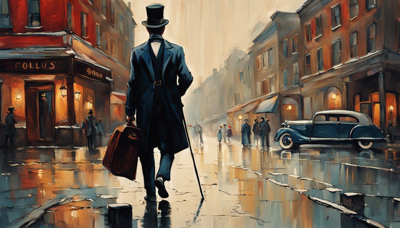 Golden Age Gentleman Strolls Through a Dimly Lit Street in W...