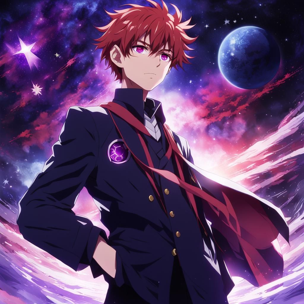 Anime Student in Space with Red Hair and Aura