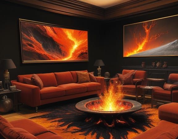 Surreal Volcano Scene Transforms Cozy Living Room