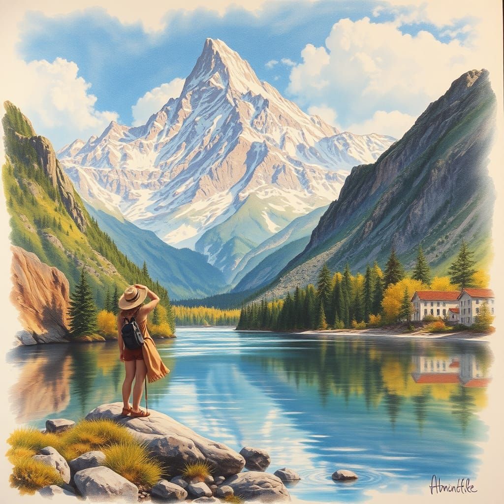 Mountain Draws Woman on River: Hyperrealistic Art