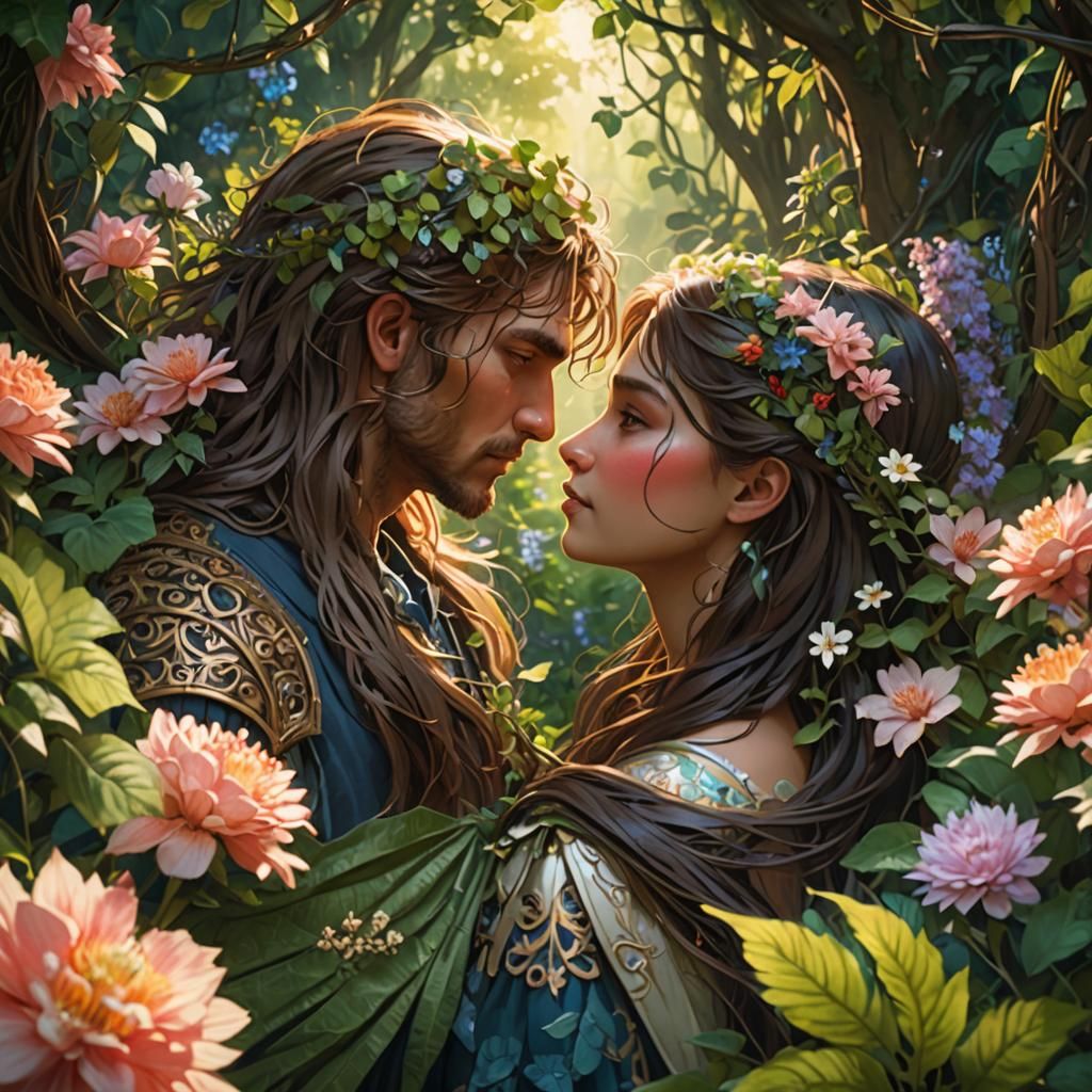 Lovers Portrait in Whimsical Forest, Matte Painting Style