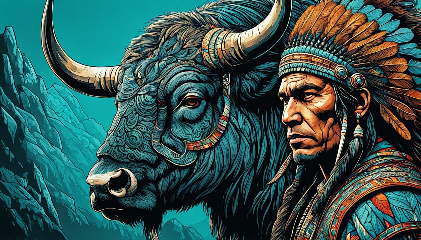 Native American Warrior in Majestic Bison Landscape, Intrica...