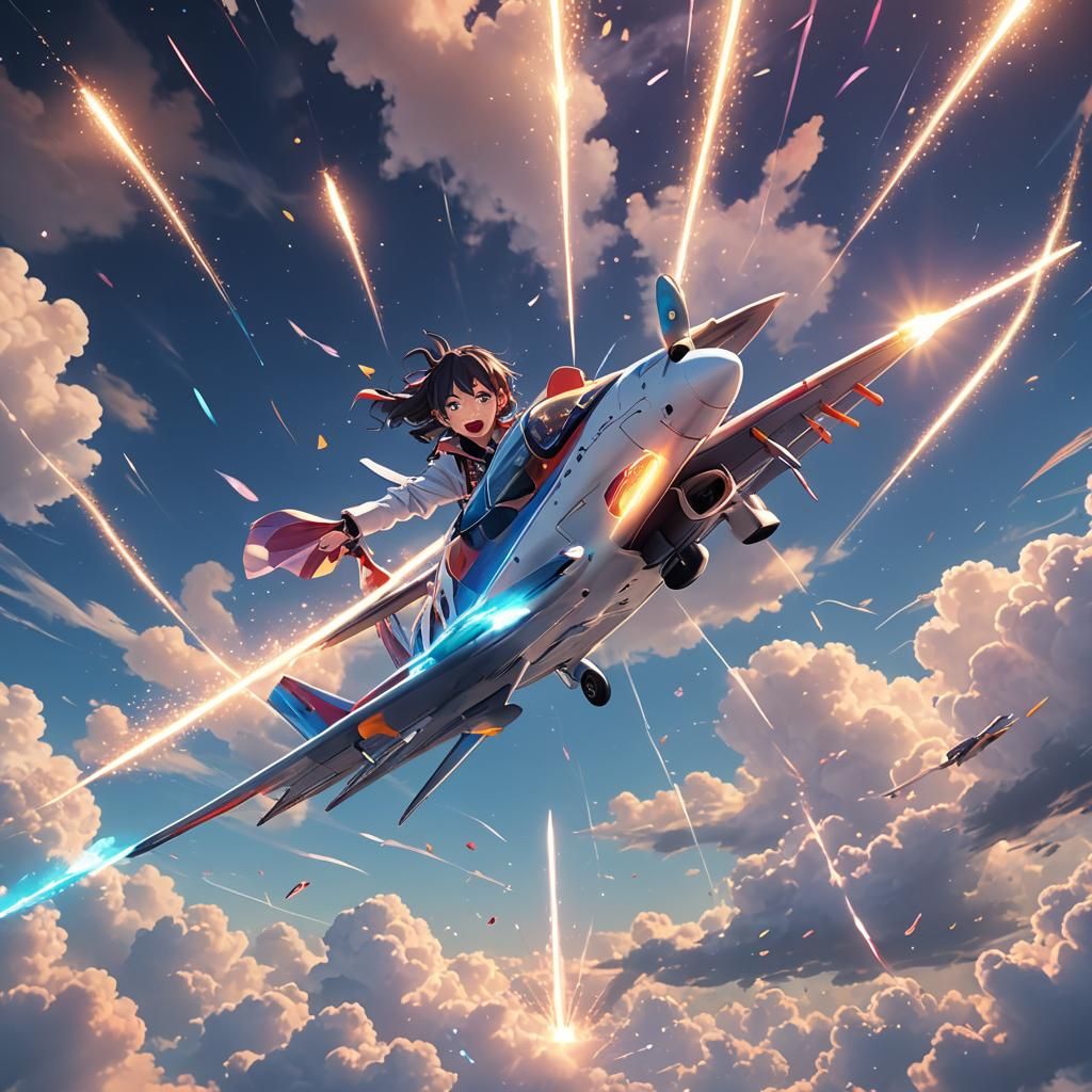 Anime Plane Soaring Through Radiant Sky