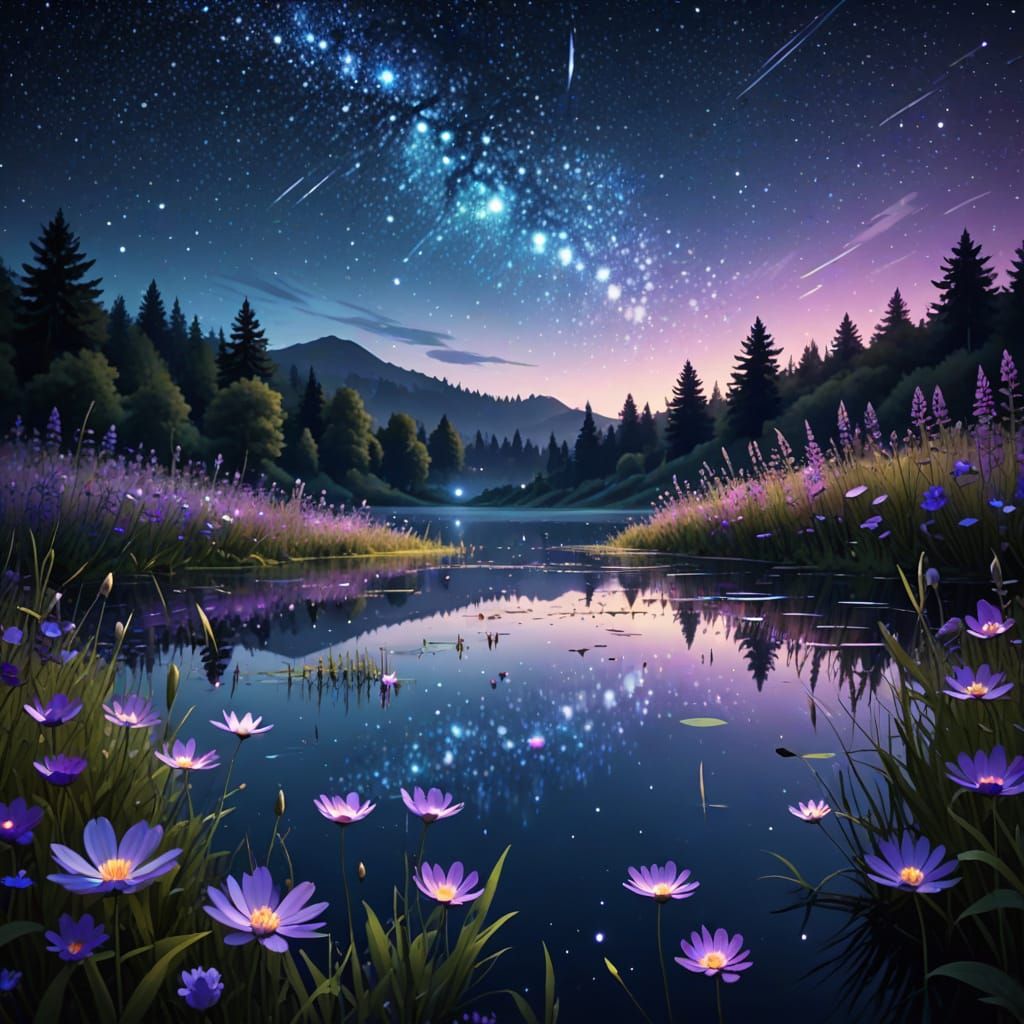Magical Flower Meadow Under Starry Night Sky