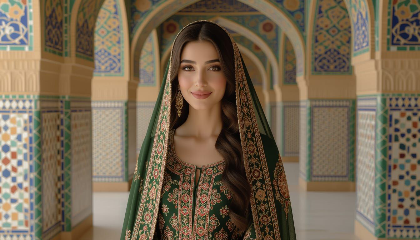 Persian Woman in Embroidered Dress, Palace Interior