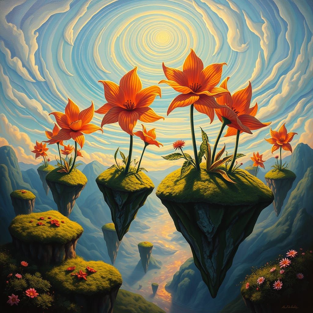 Surreal Giant Flowers on Floating Islands in Ethereal Sky