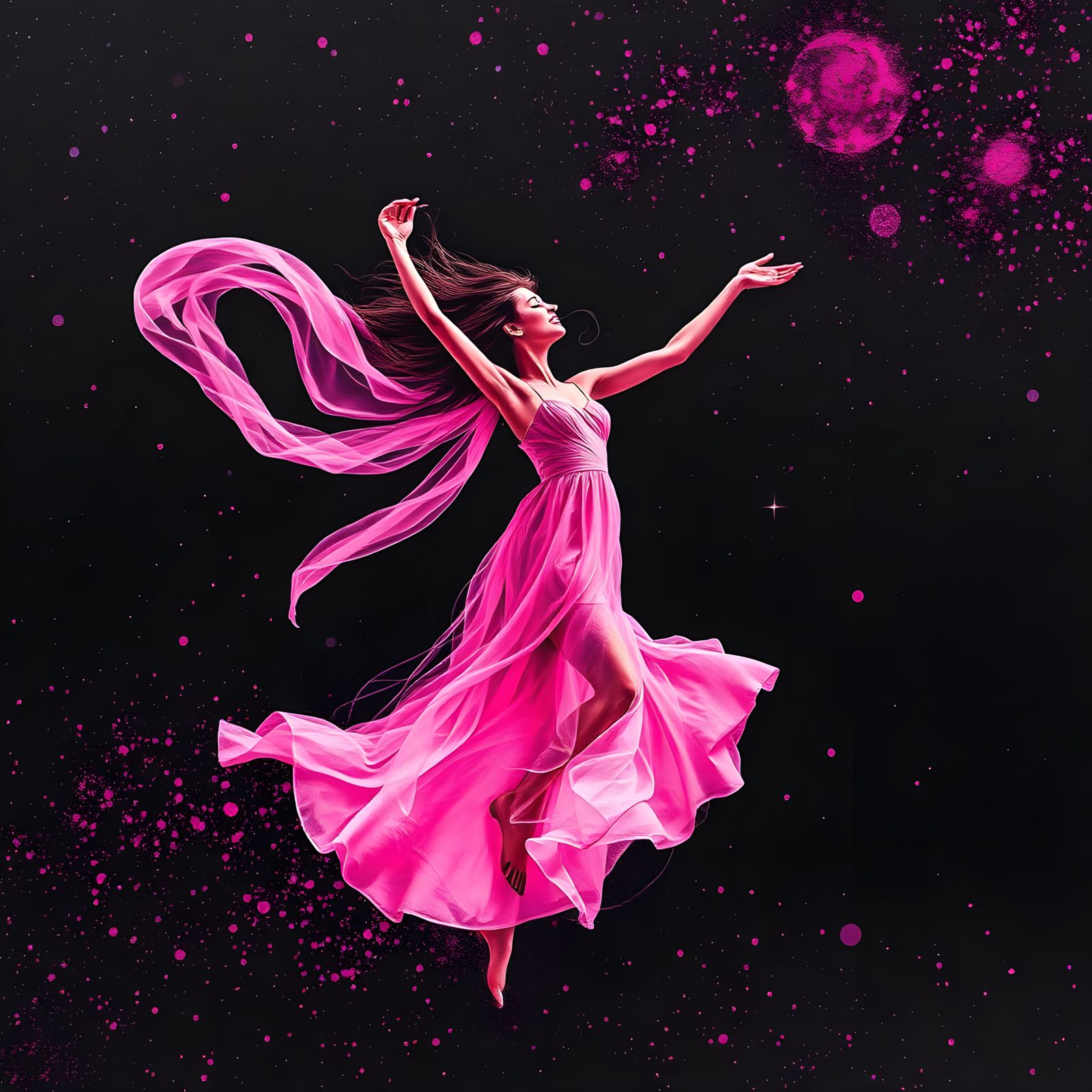Joyful Woman Dancing in Pink and Black Ink Splatter Art