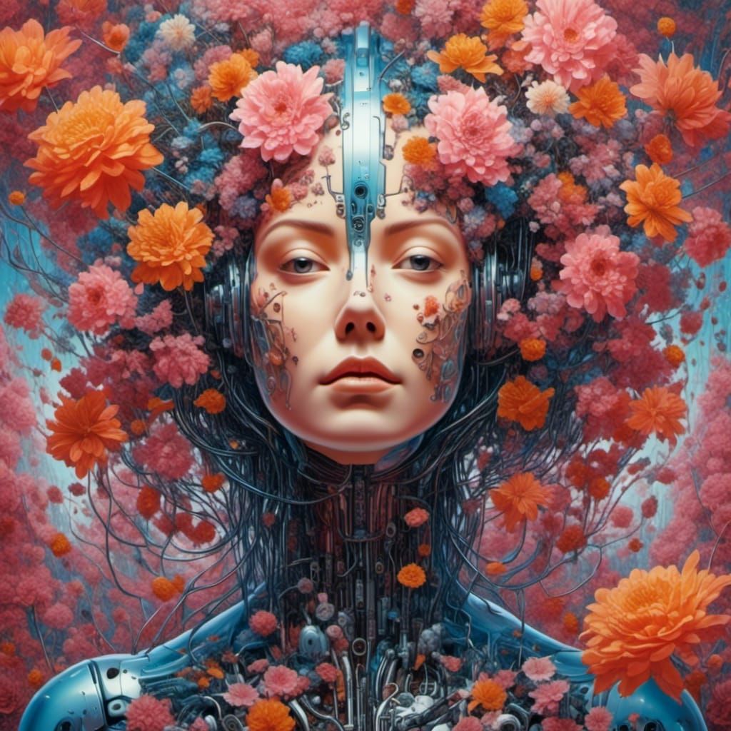 Surreal Robotic Woman with Flowers, Psychedelic Art