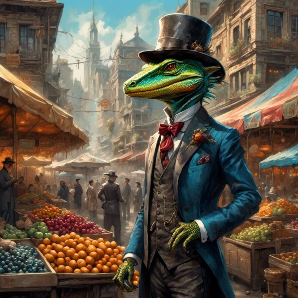 Lizard Man in Fedora at Street Market