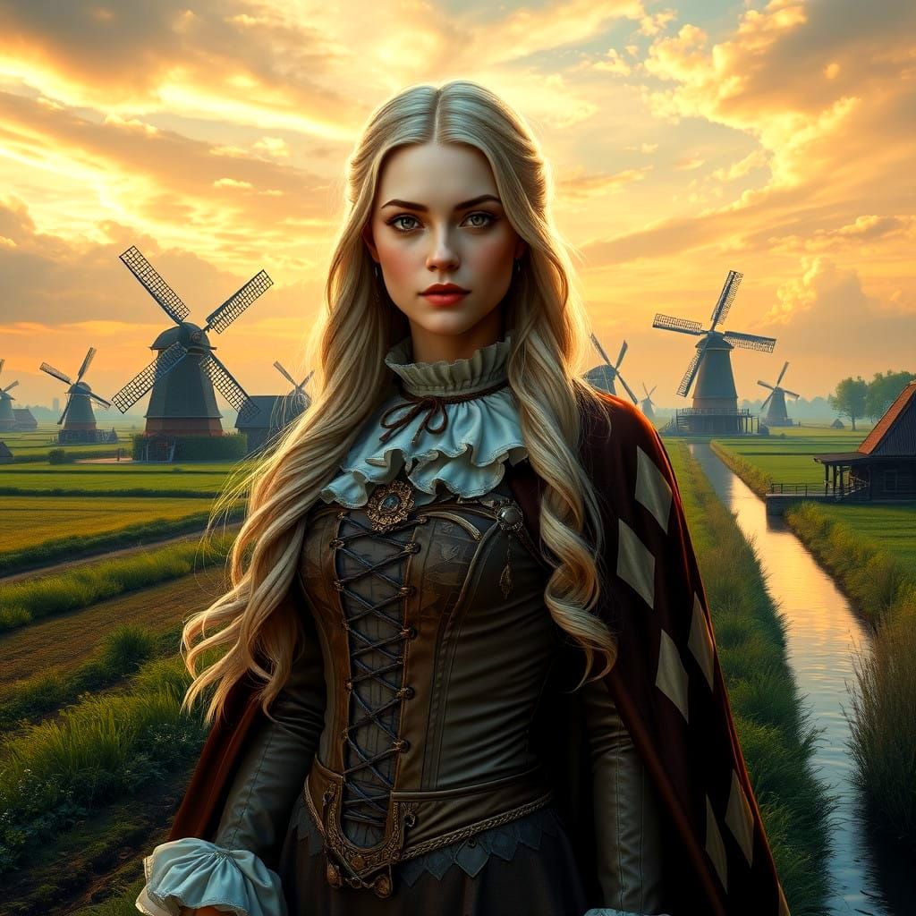 Elegant Young Woman in Whimsical Medieval Landscape
