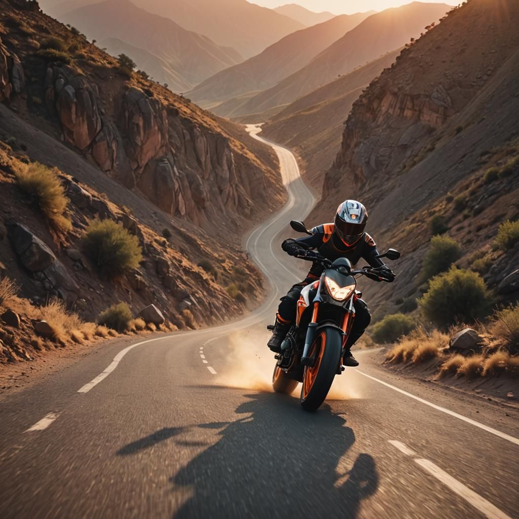 KTM Duke 390 Motorcycle at Sunset: Cinematic Still