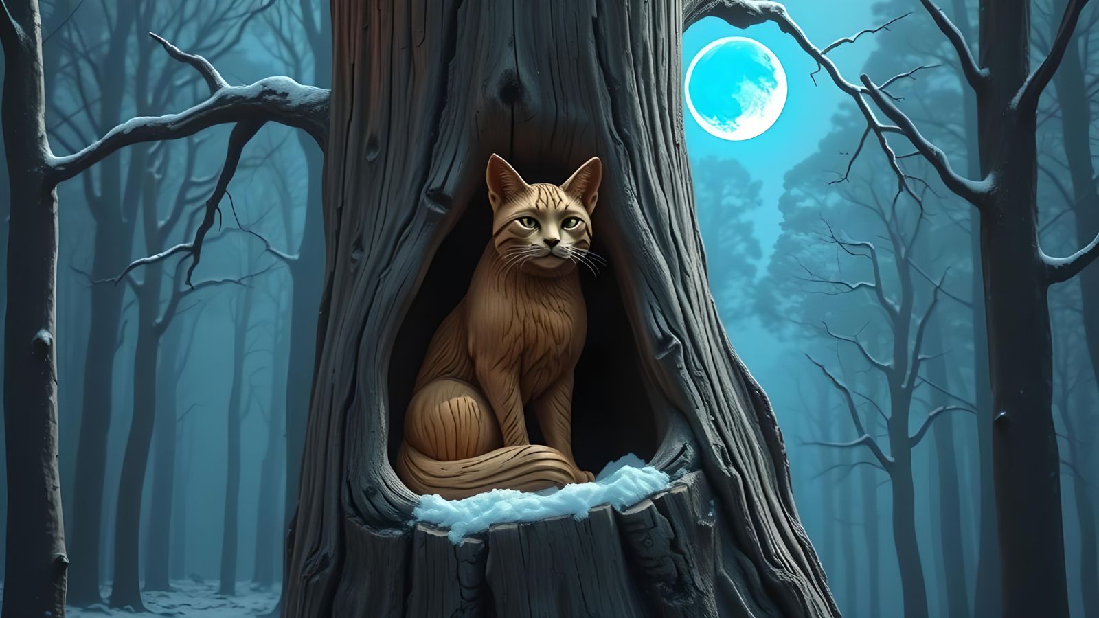 Detailed Wood Carving: Cat in Moonlit Forest