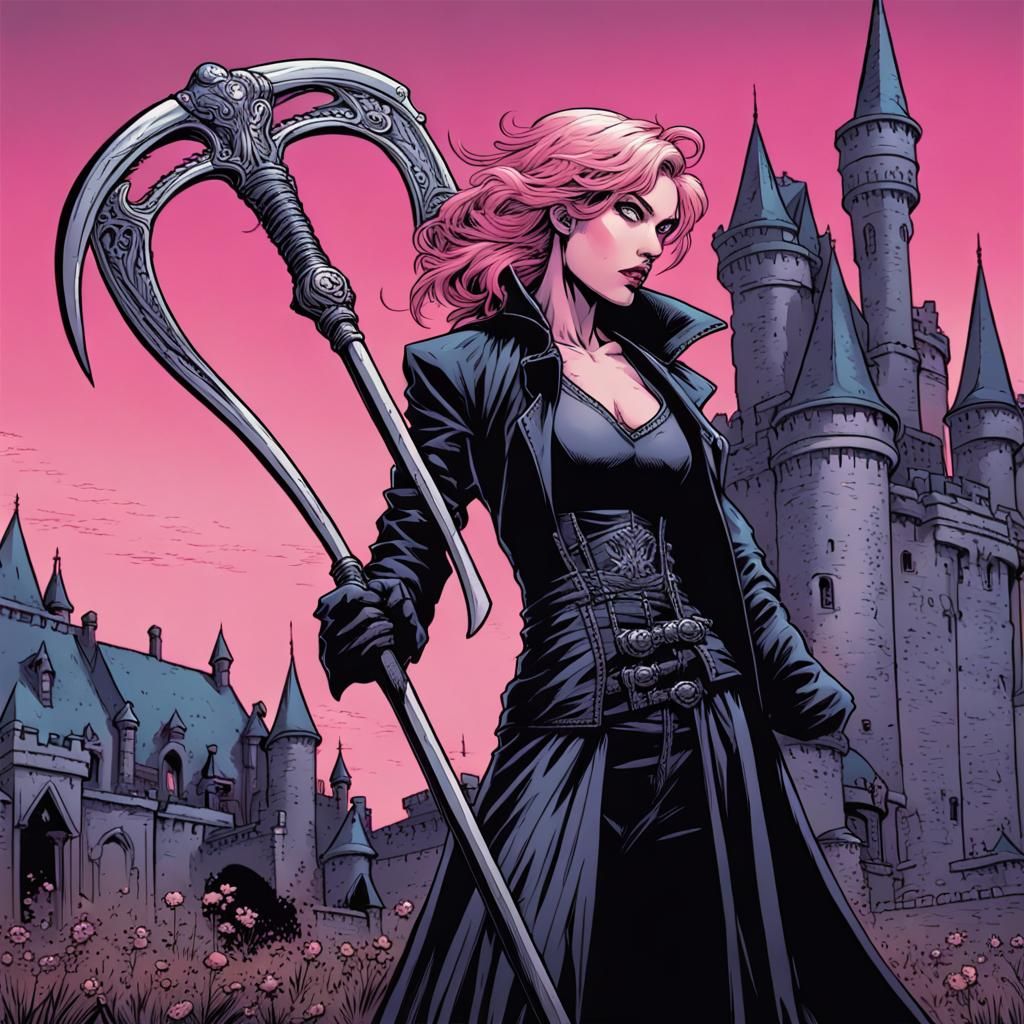 Pink-Haired Reaper with Scythe in Comic Art Style