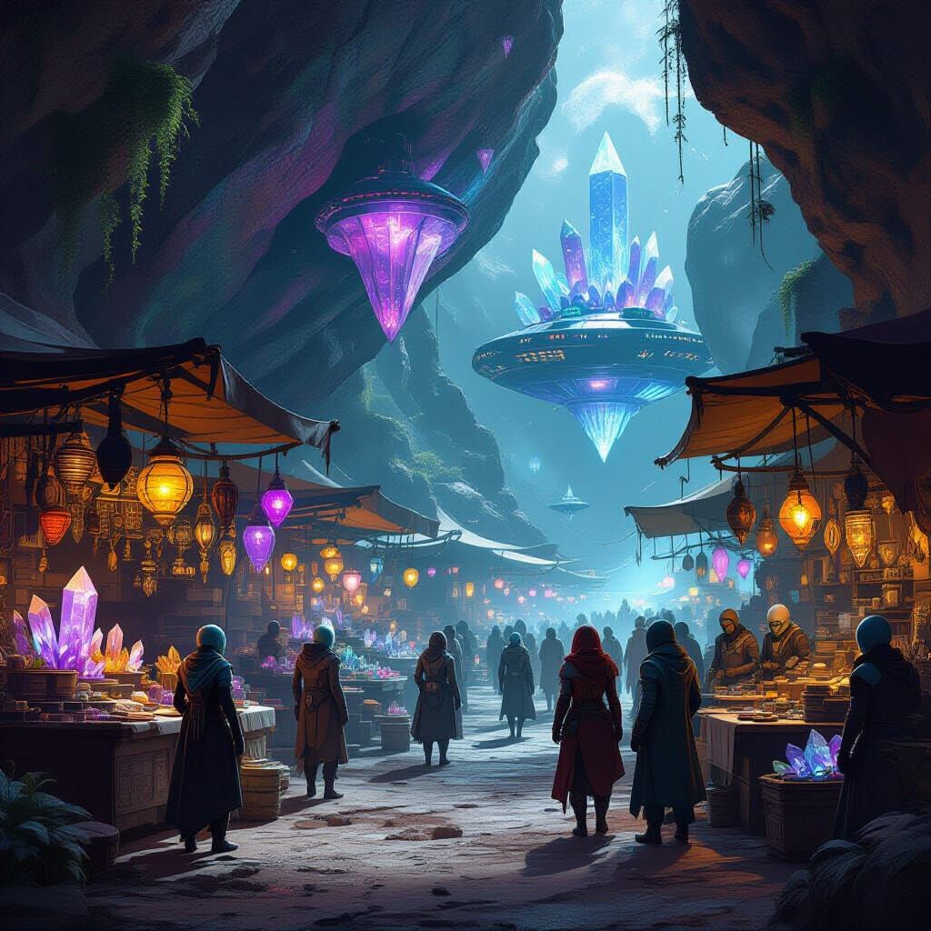 Bustling Alien Marketplace on Floating Asteroid