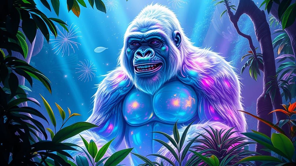Ethereal Gorilla in Crystalline Jungle, Hyperrealistic Style