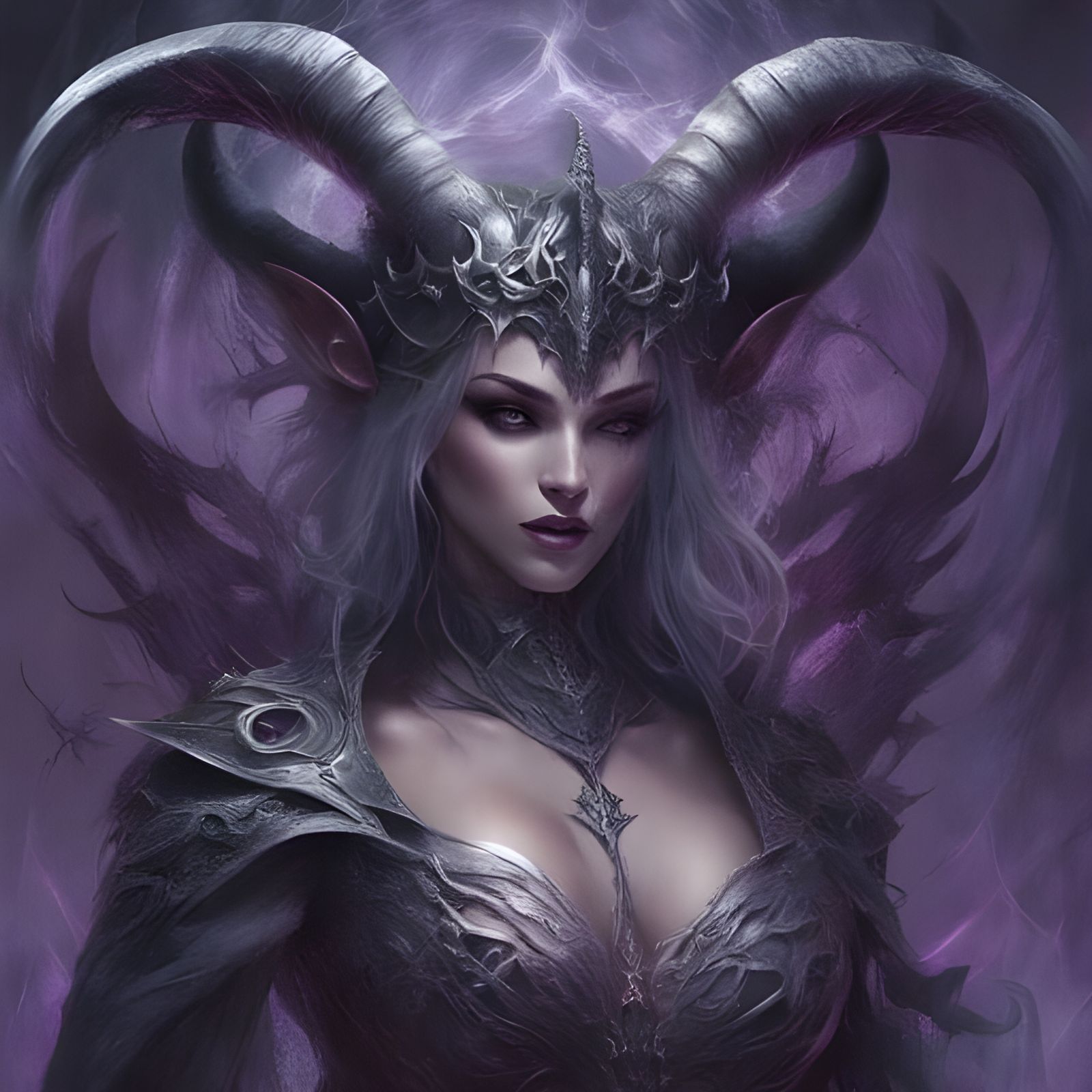 Dark Faced Demon with Horns and Purple Hood