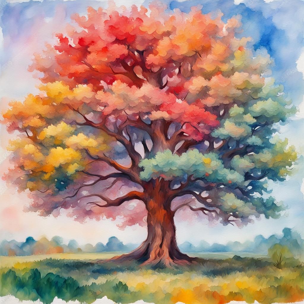 Colorful Tree in Gouache and Watercolor Style