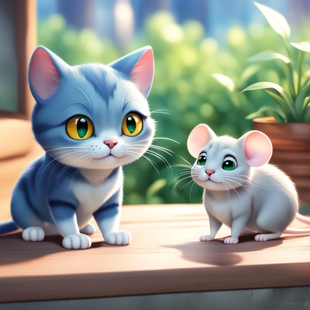 Cat and Mouse Best Friends in Disney Pixar Style