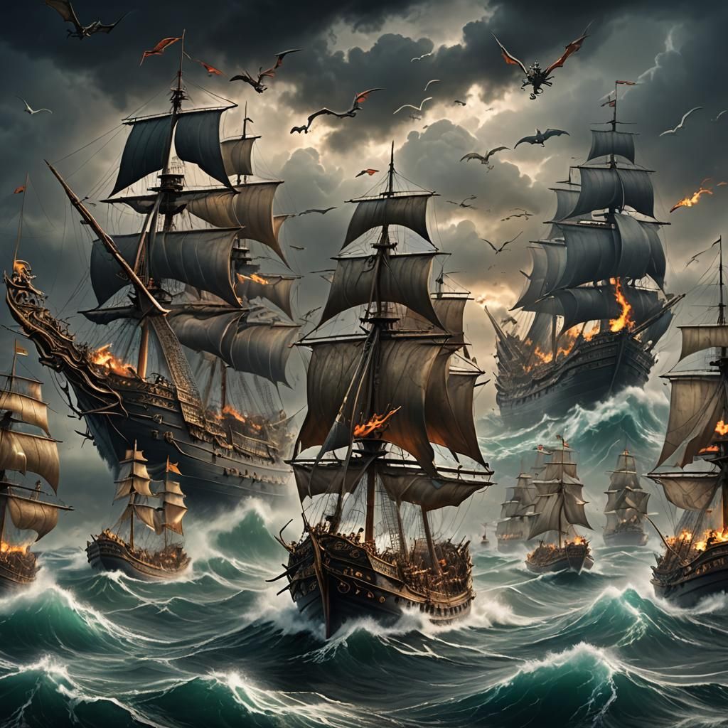Dragons Attack Fleet in Stormy Epic Digital Painting